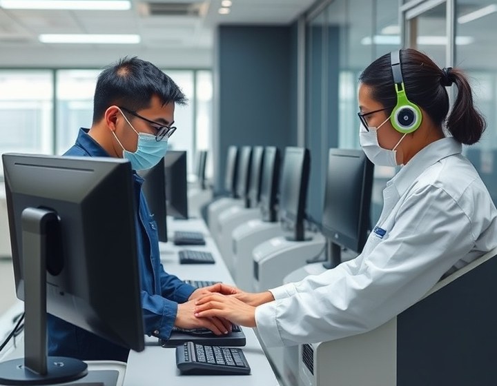 セルフサービス端末のカードリーダーを点検する担当者